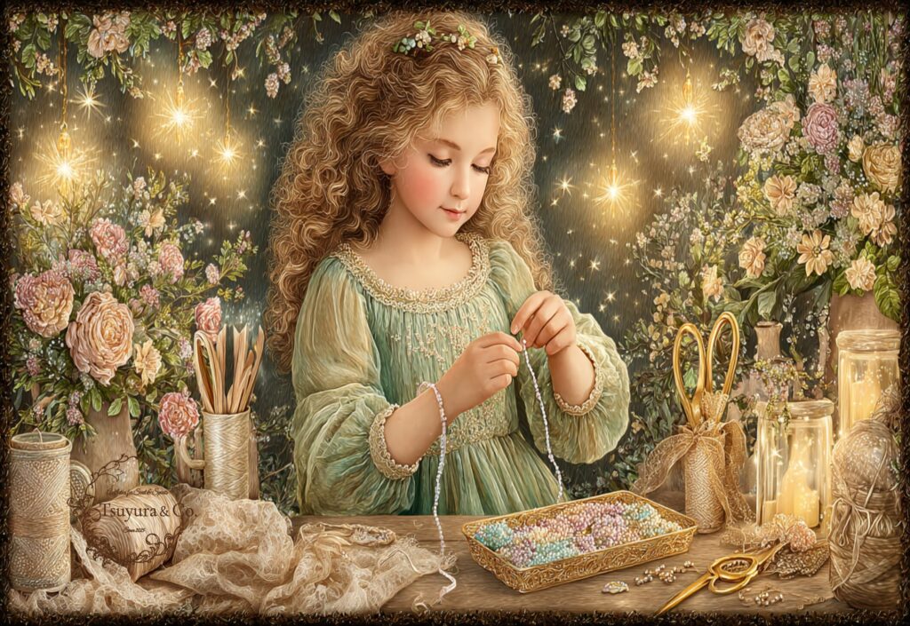 Alice crafting a delicate necklace surrounded by flowers and warm golden lights, luminance style illustration