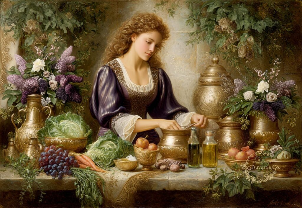 Luminance art depicting Anya preparing food in a classical kitchen surrounded by harvest fruits, vegetables, golden vessels and flowers, symbolizing quiet abundance