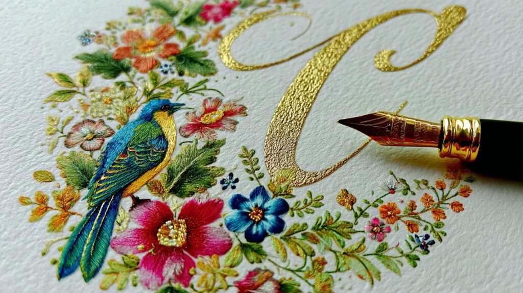 A colorful bird surrounded by floral patterns and elegant gold calligraphy