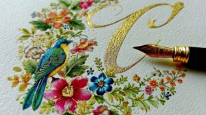 A colorful bird surrounded by floral patterns and elegant gold calligraphy