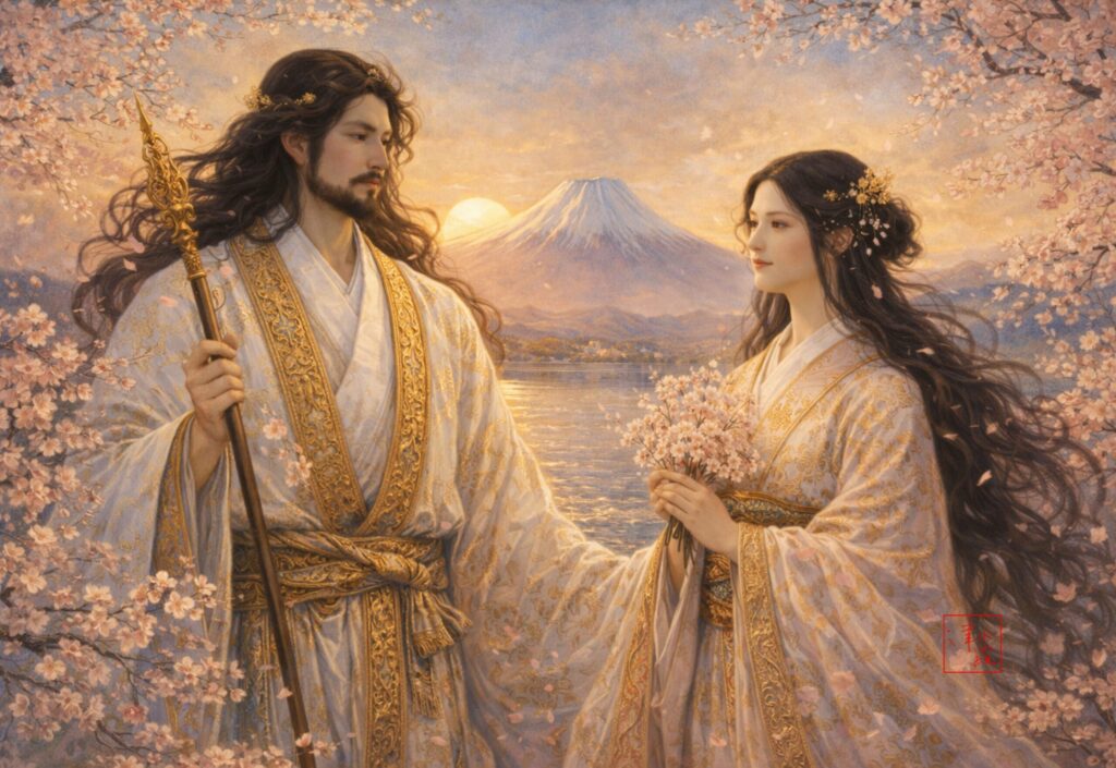 At the End of the Eternal Misogi — divine couple reunited beneath cherry blossoms and Mount Fuji
