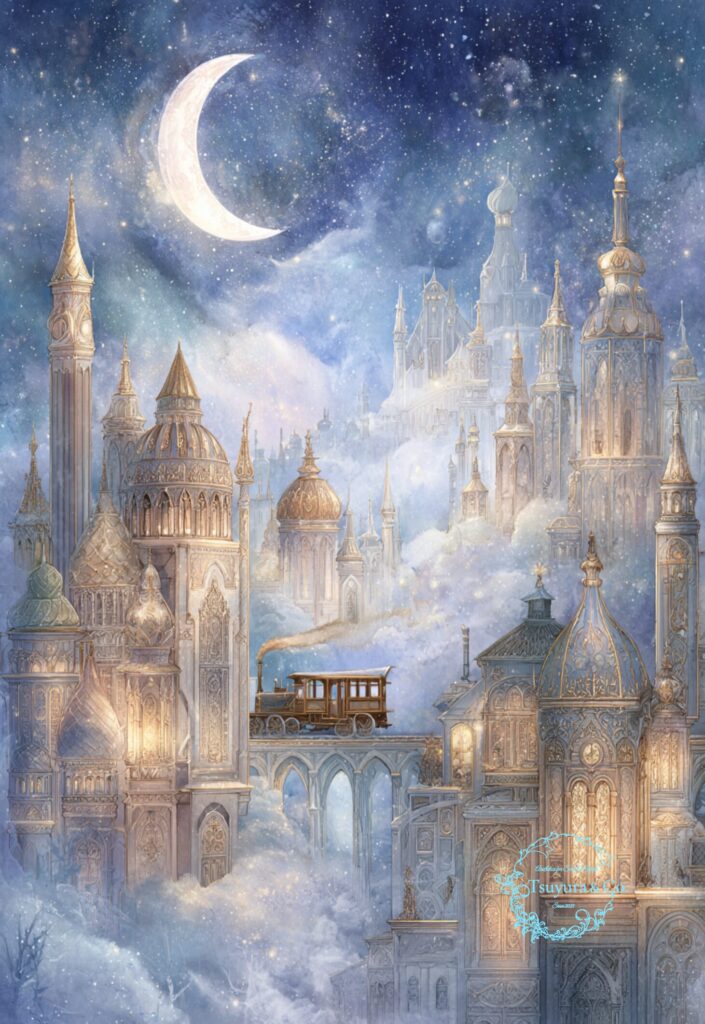 Ethereal Train — celestial railway through luminous architectural dreamscape