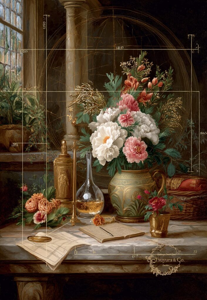 a refined still life with flowers, glass vessels of alcohol, and an open notebook, arranged on a marble table in a classical interior with a sense of contemplation and alchemy