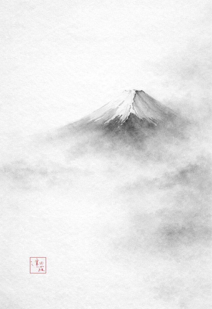 mount fuji emerging through soft mist in japanese ink wash style minimal calm and contemplative landscape