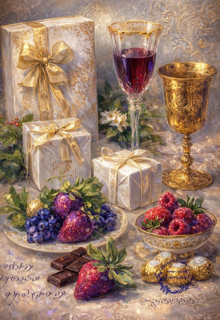 A Gentle Evening Feast in Godyffai — opulent still life with wine, fruit, gifts, and ornate golden tableware in soft luminous atmosphere