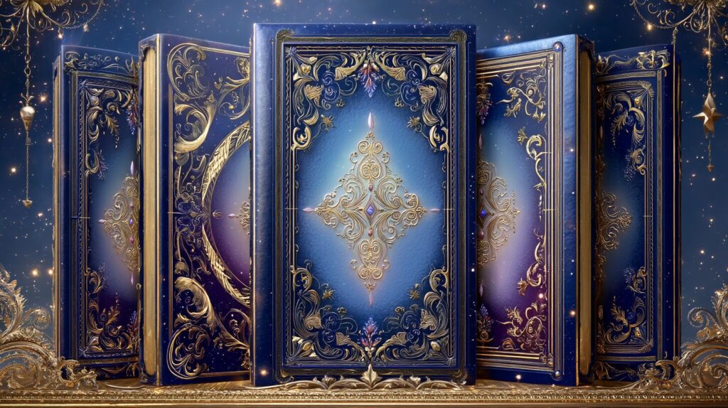 Ornate blue and gold magical books with intricate decorative designs