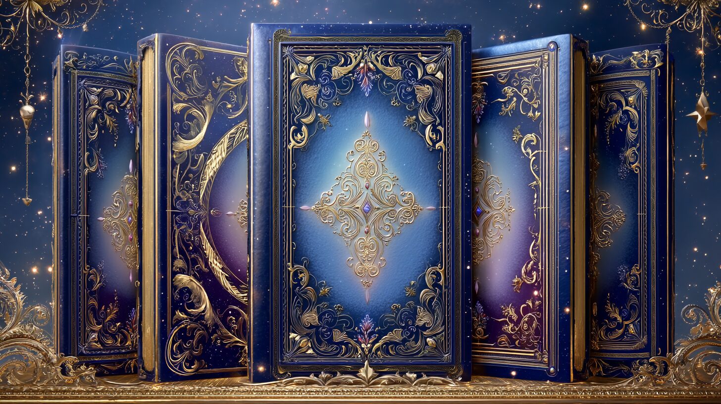 Ornate blue and gold magical books with intricate decorative designs