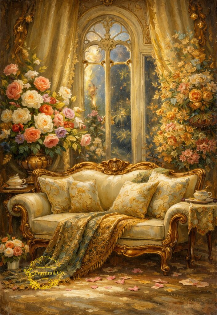 Graceful Moment — refined golden interior with classical sofa, flowers, and soft luminous atmosphere