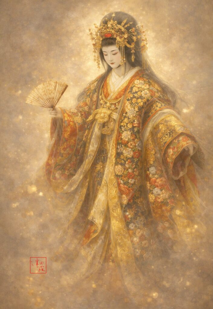 Elegant kabuki figure wearing an ornate floral robe with rich gold embroidery, rendered in a serene luminous Japanese painting style