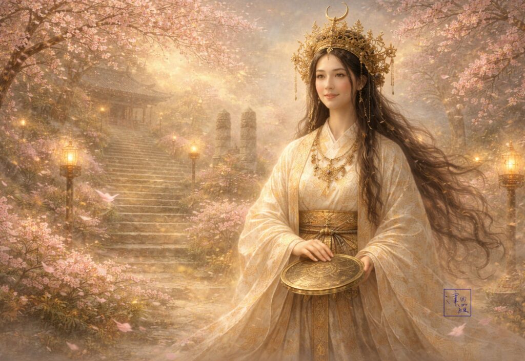 Himiko — elegant shaman queen standing in soft golden light with sacred mirror, tsuyura art