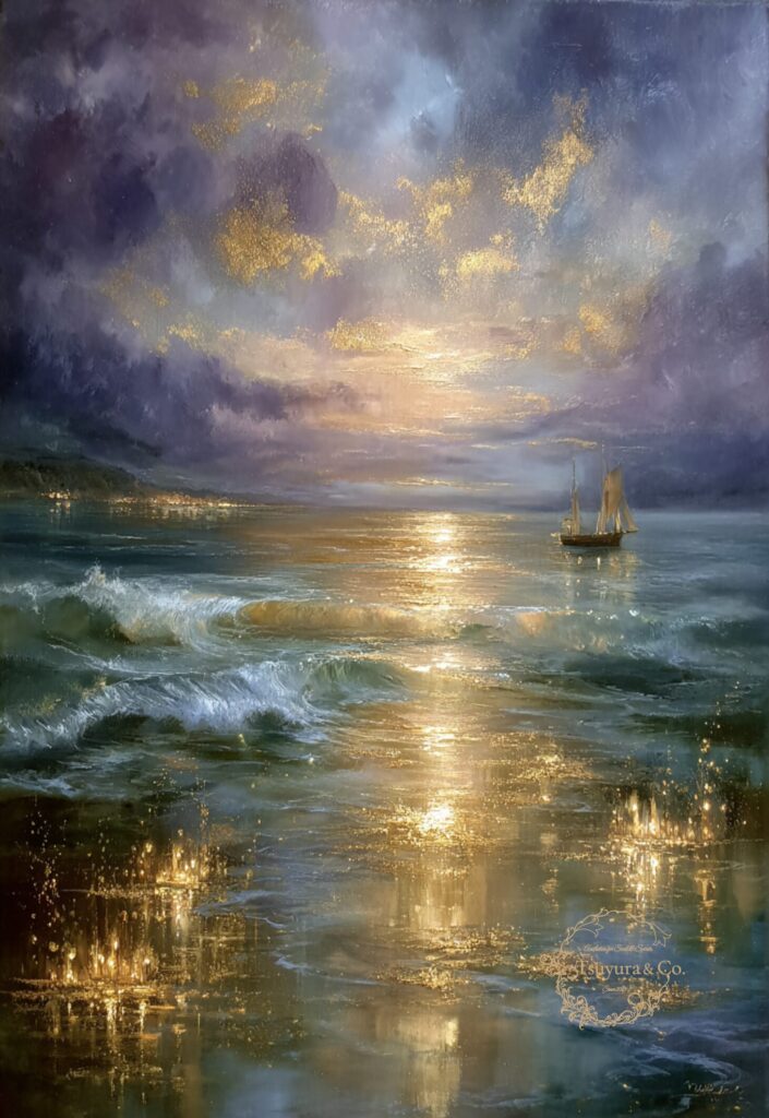 Luminous seascape with golden light reflecting on gentle waves and a distant sailing ship, Luminance Collection