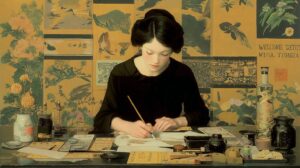 A woman writing with a brush in a traditional Japanese artistic setting