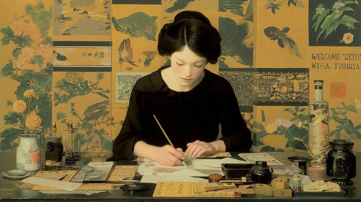 A woman writing with a brush in a traditional Japanese artistic setting