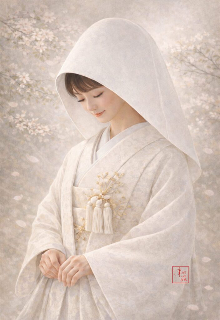 A serene Japanese bride in traditional shiromuku wedding kimono, soft pastel painting with cherry blossoms