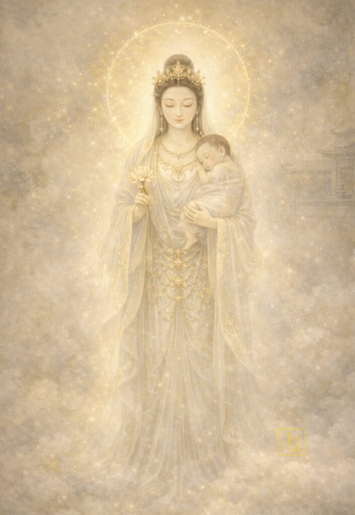 Kannon of Happiness — gentle bodhisattva holding a child in golden luminous serenity, tsuyura art