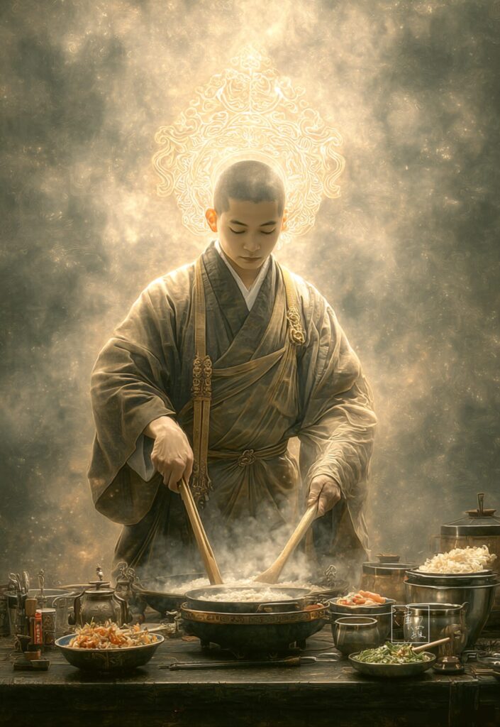 Kuri — Zen temple kitchen, young monk preparing morning meal in quiet prayerful atmosphere