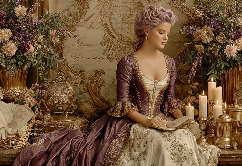 Elegant lady with violet hair reading by candlelight, luminence style classical painting