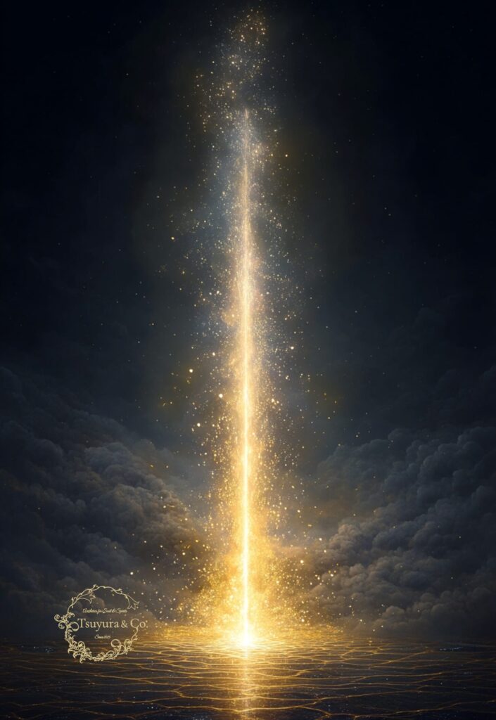 A radiant pillar of golden light descending upon a still river, evoking a quiet sense of revelation beneath the night sky