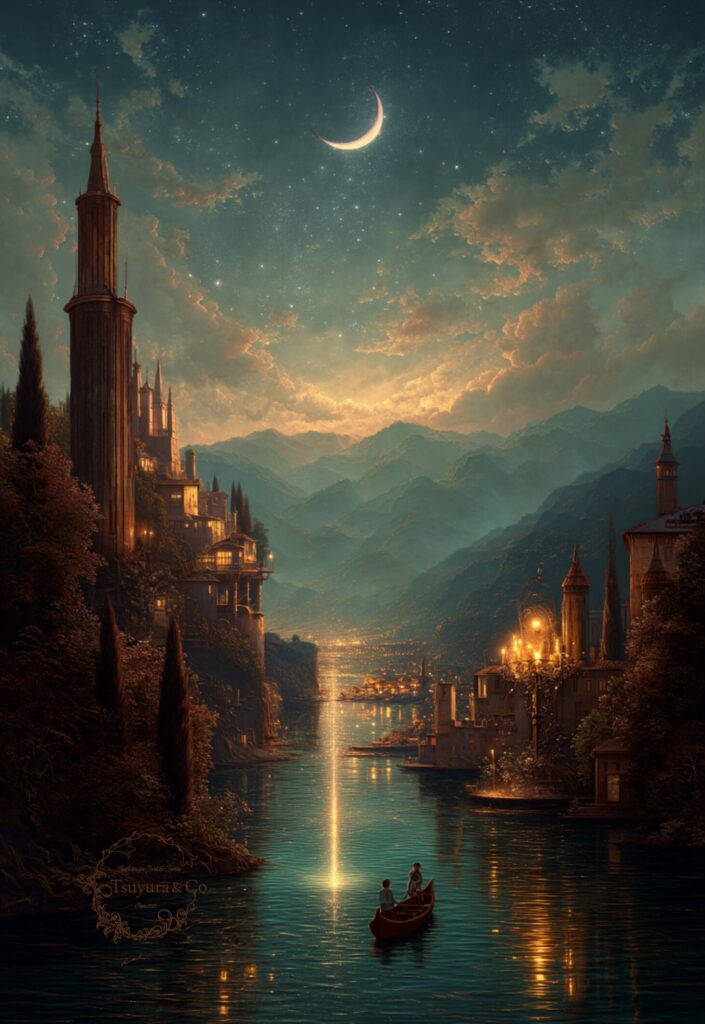 Moon’s Smile — luminous moon over a quiet riverside city with a gondola at night