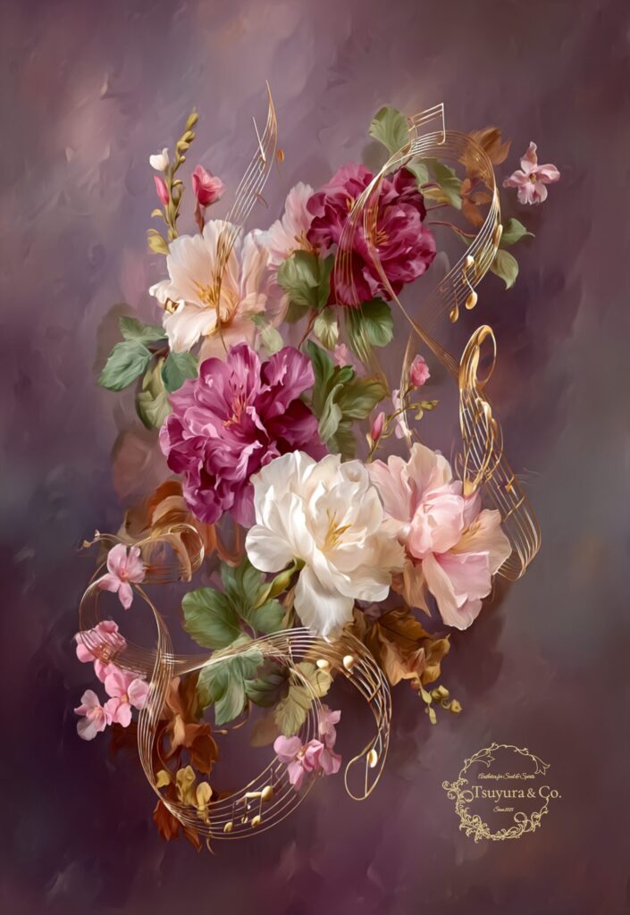 Pink Nocturne, elegant floral arrangement with golden musical lines in a soft classical style, Luminance Collection art postcard