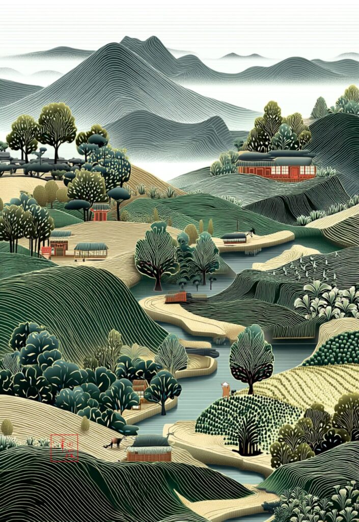 Traditional Satoyama landscape with gentle hills, river, and quiet rural life, Tsuyurabi Collection