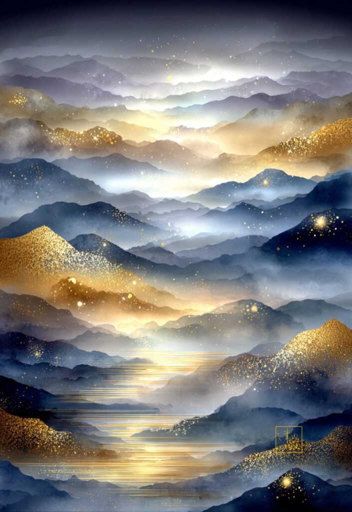 Layered golden mist over deep blue mountains, Sen Fuji, Tsuyurabi Collection