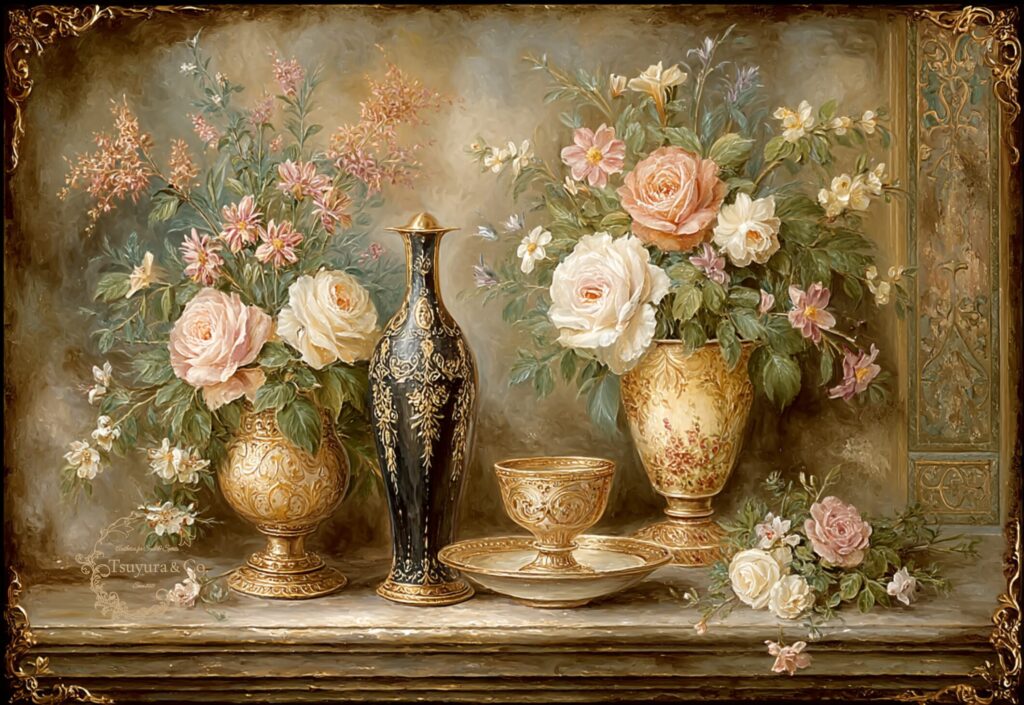 Classical still life with black and gold pitcher and floral arrangement in luminence style
