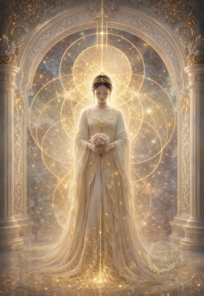 a luminous figure offering light while holding a bouquet, standing in a sacred temple surrounded by golden geometric patterns