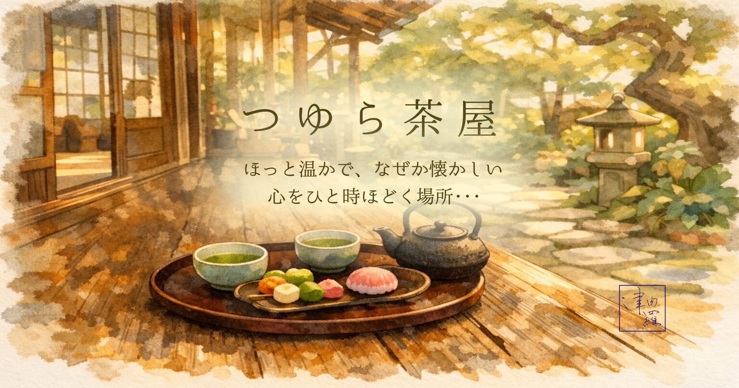 A serene Japanese tea house with tea and sweets, evoking warmth and quiet comfort in Tsuyura Chaya