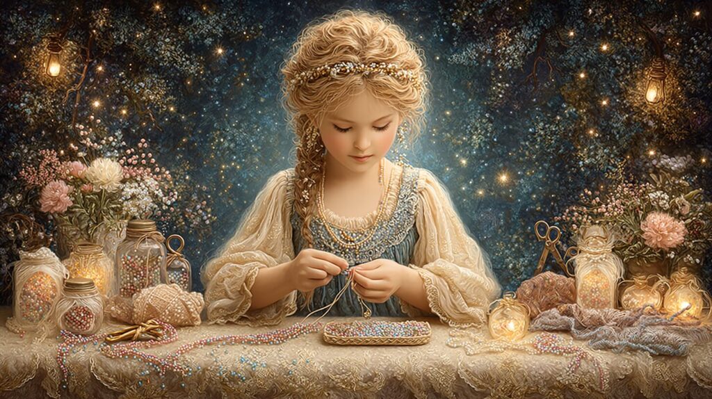 A young girl quietly focused on beading, surrounded by warm light and delicate materials, symbolizing creation and devotion in the Tsuyura world