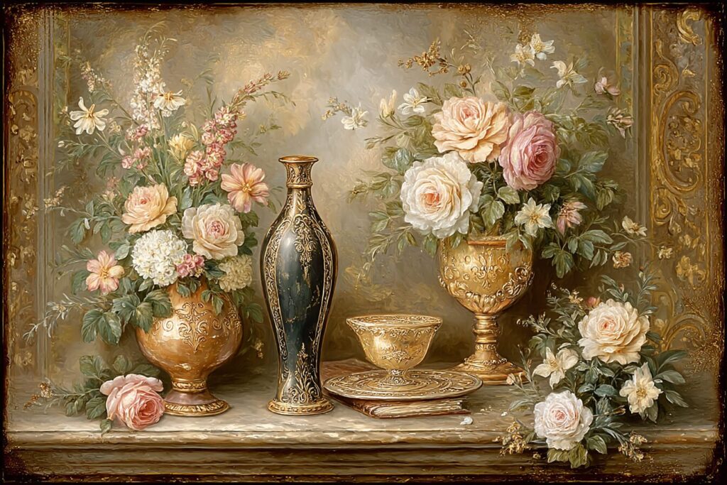 A luxurious still life of golden vases and delicate flowers in a classical European style, expressing the refined world of Tsuyura