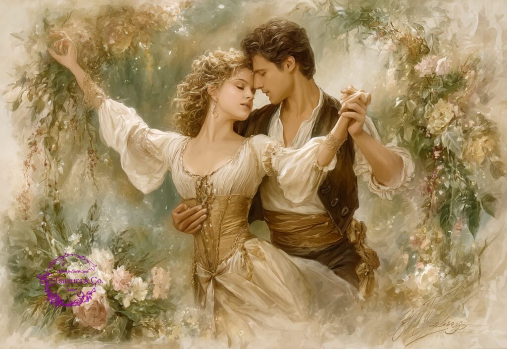 romantic vintage style couple dancing in soft floral light