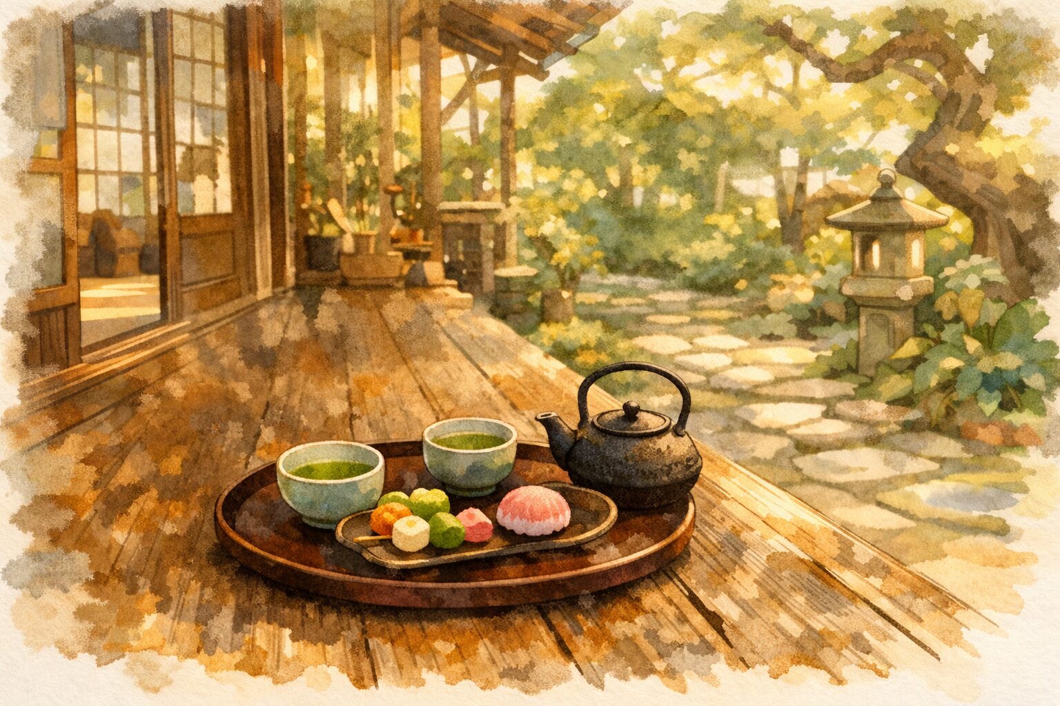 Traditional Japanese tea house garden with tea and wagashi sweets