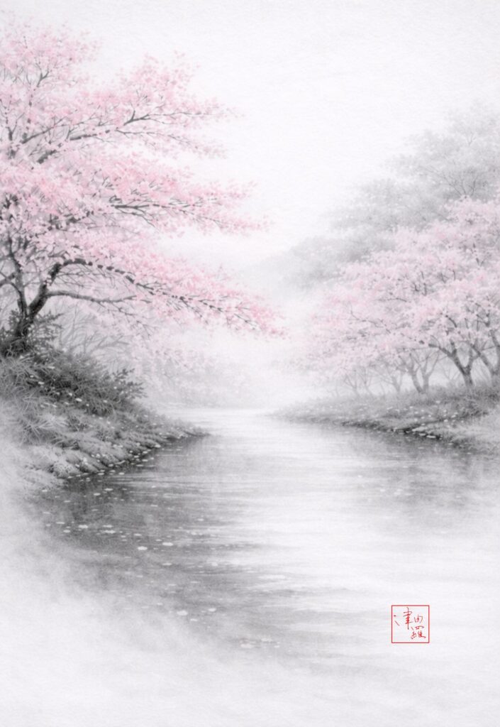 Soft cherry blossoms over a quiet misty stream