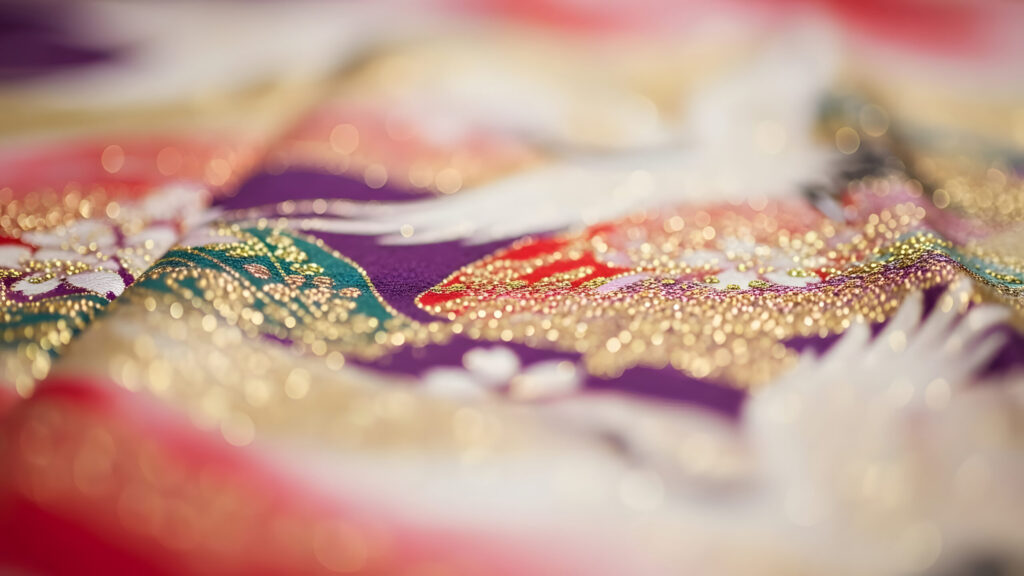 Close-up of traditional Japanese goldwork embroidery