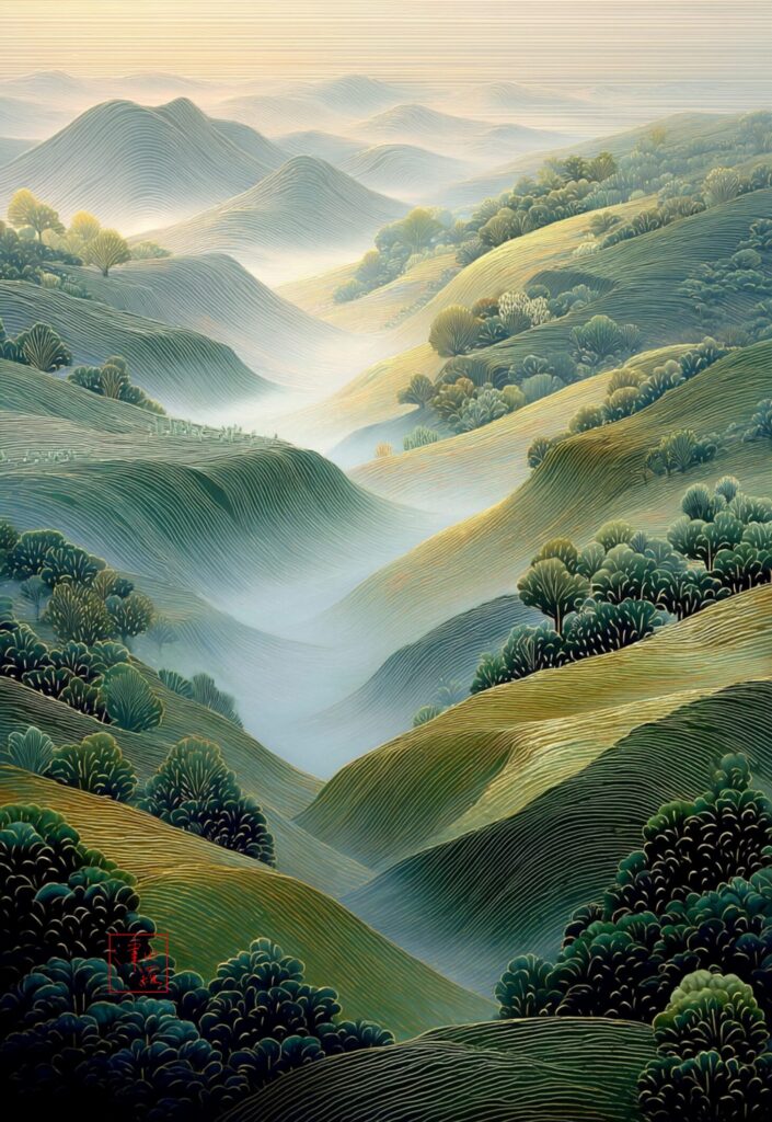 Soft layered green hills in morning mist, Yamato, Tsuyurabi Collection