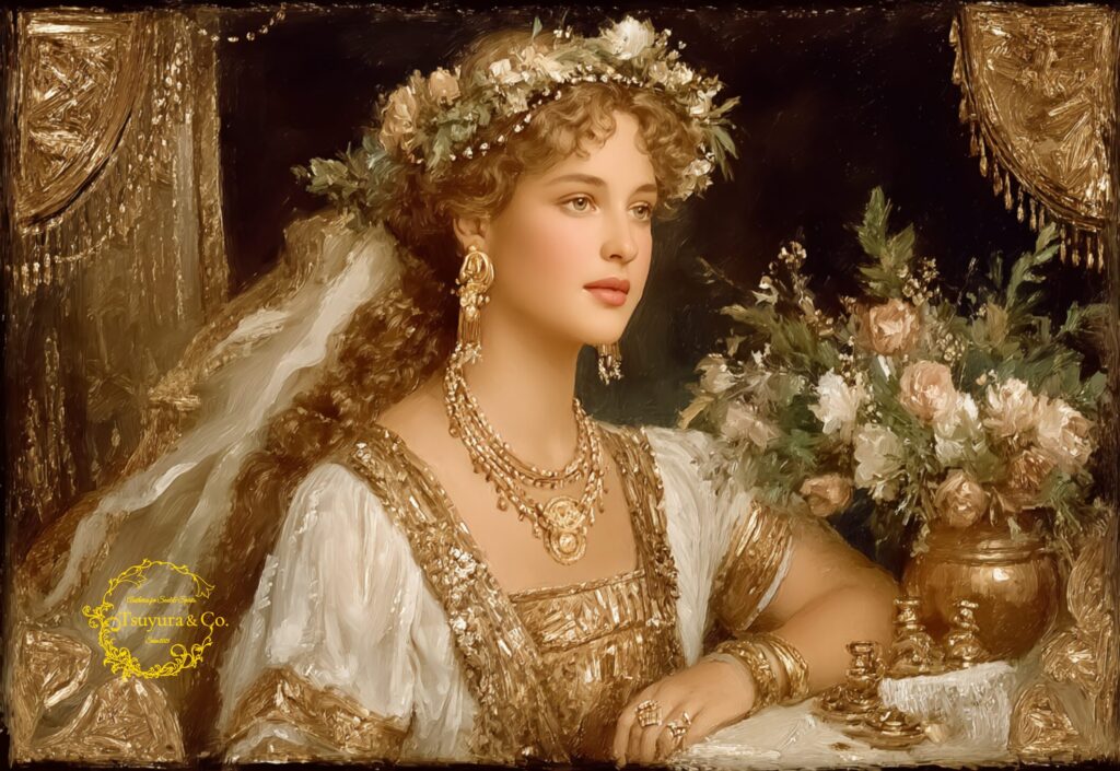 Queen of Sheba in golden attire with floral crown, luminous classical portrait, Tsuyura art luminescence art style