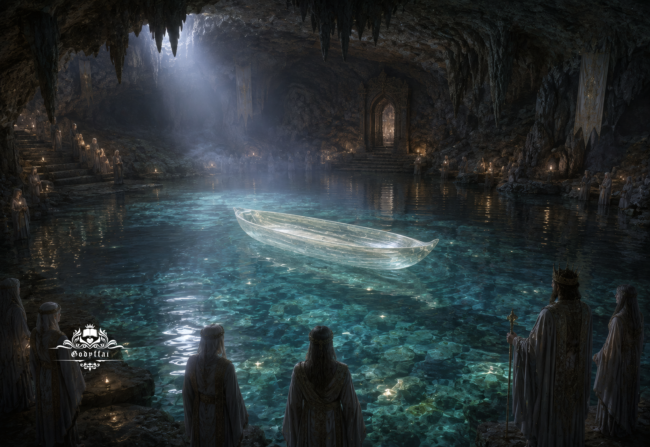 The luminous Ryuf Boat floating on crystal-clear water in a sacred cavern, surrounded by the people of Godyffai.
