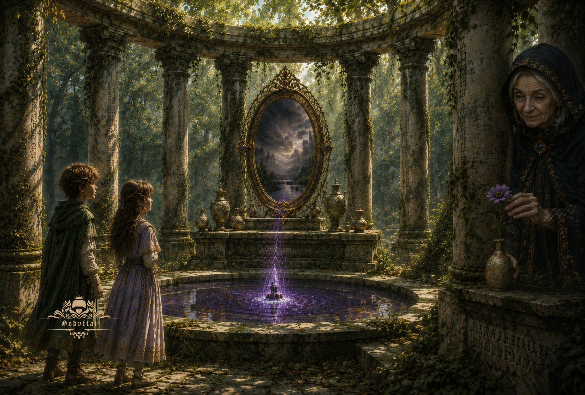 Forve and Fara at the ancient altar and mysterious purple well