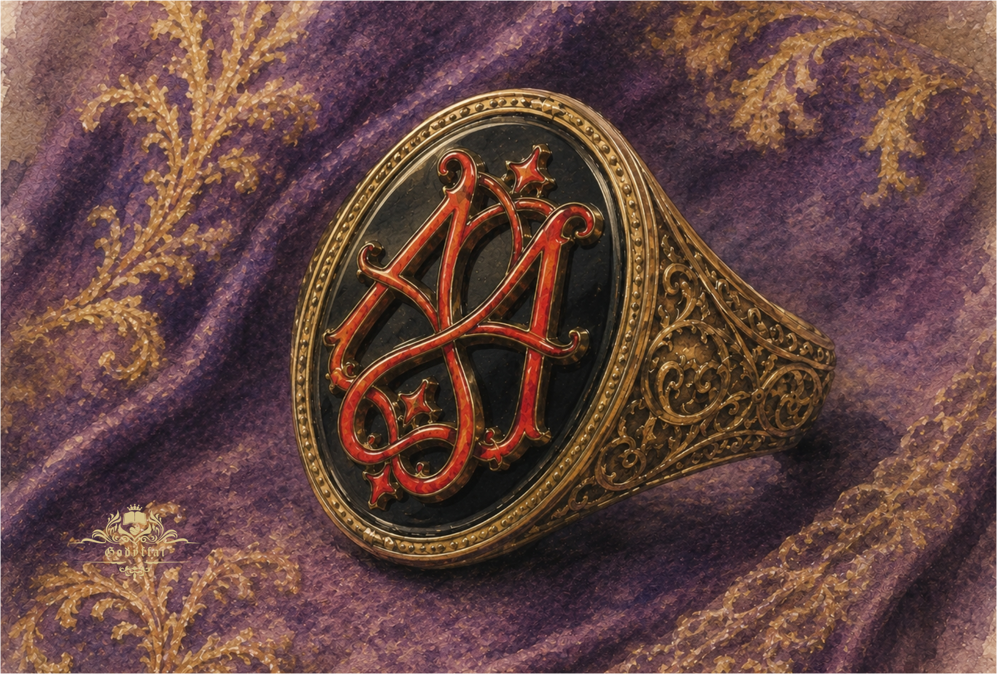 Ornate gold signet ring of the House of Windeathy, featuring a red double-alpha emblem on black, resting on purple and gold fabric