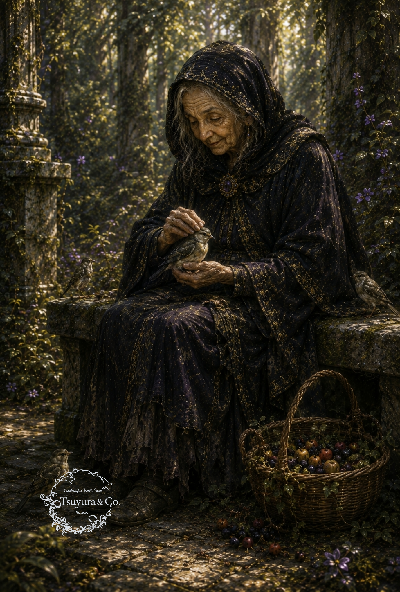 Dovdibelini gently stroking a small bird in the ancient forest of Izu