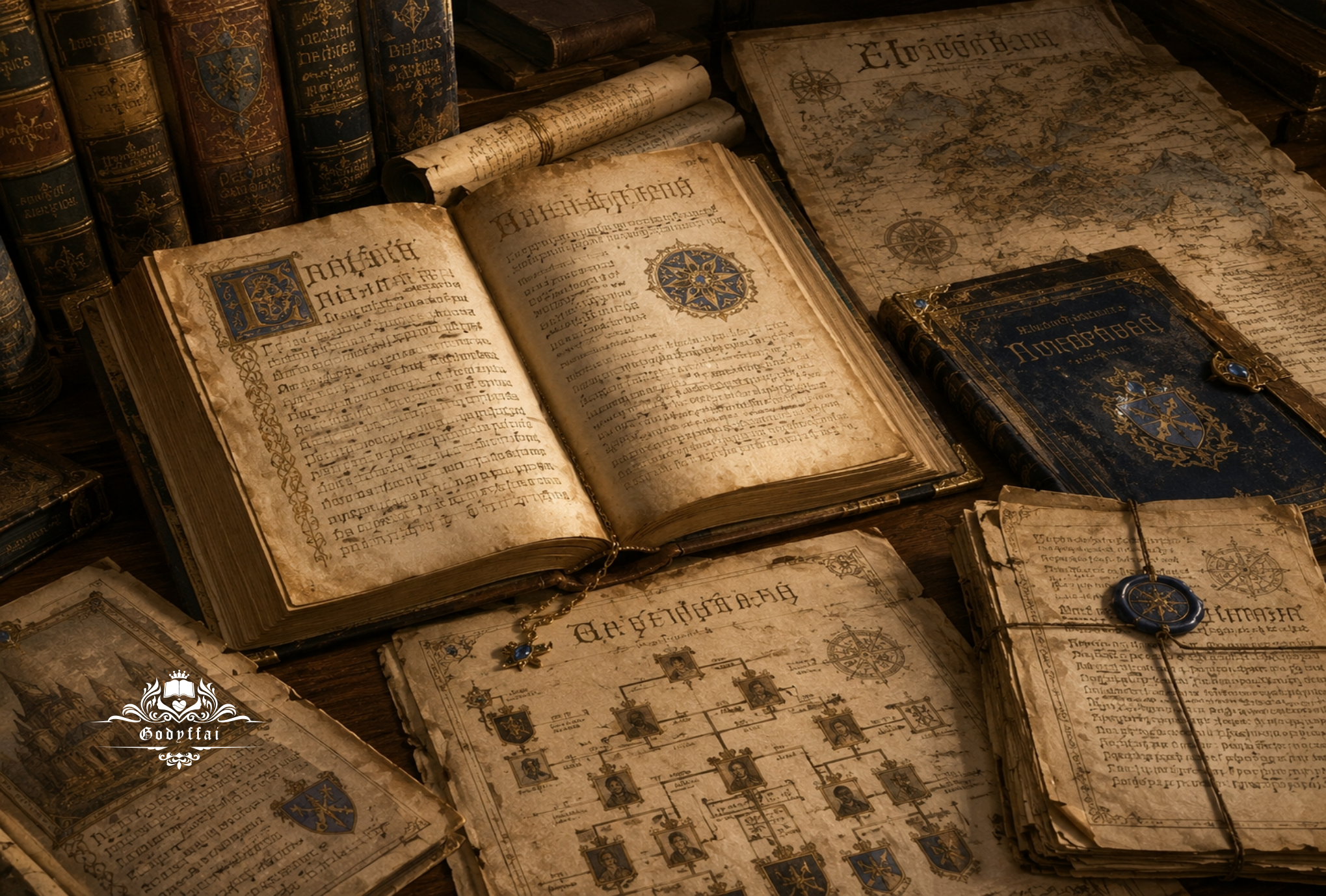 Ancient Godyffai manuscripts, old maps, secret documents, and the royal family genealogy